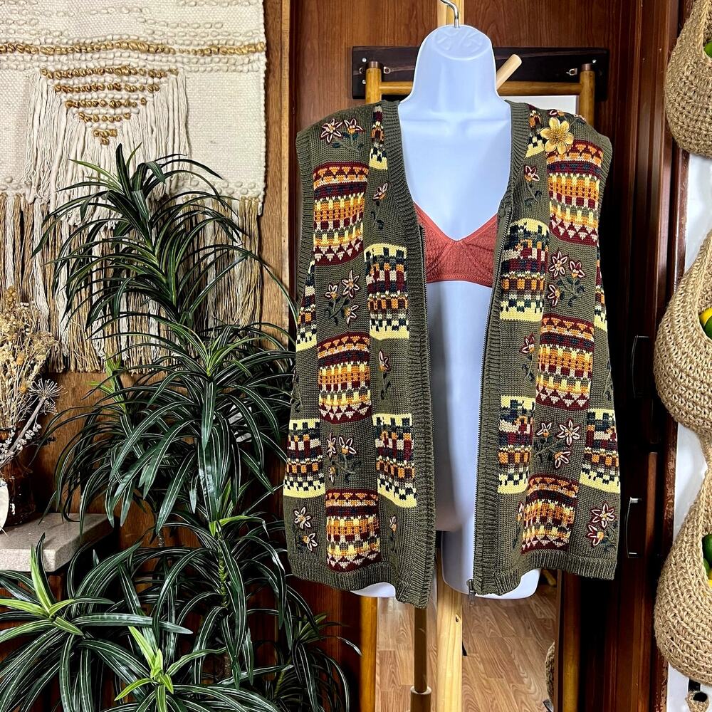 Vintage Knit Vest 1X Olive Embroidered Zip Sweater Vest Floral Country Classics